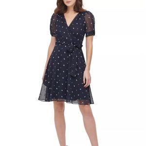 DKNY Navy Embroidered Puff-Sleeve Dress